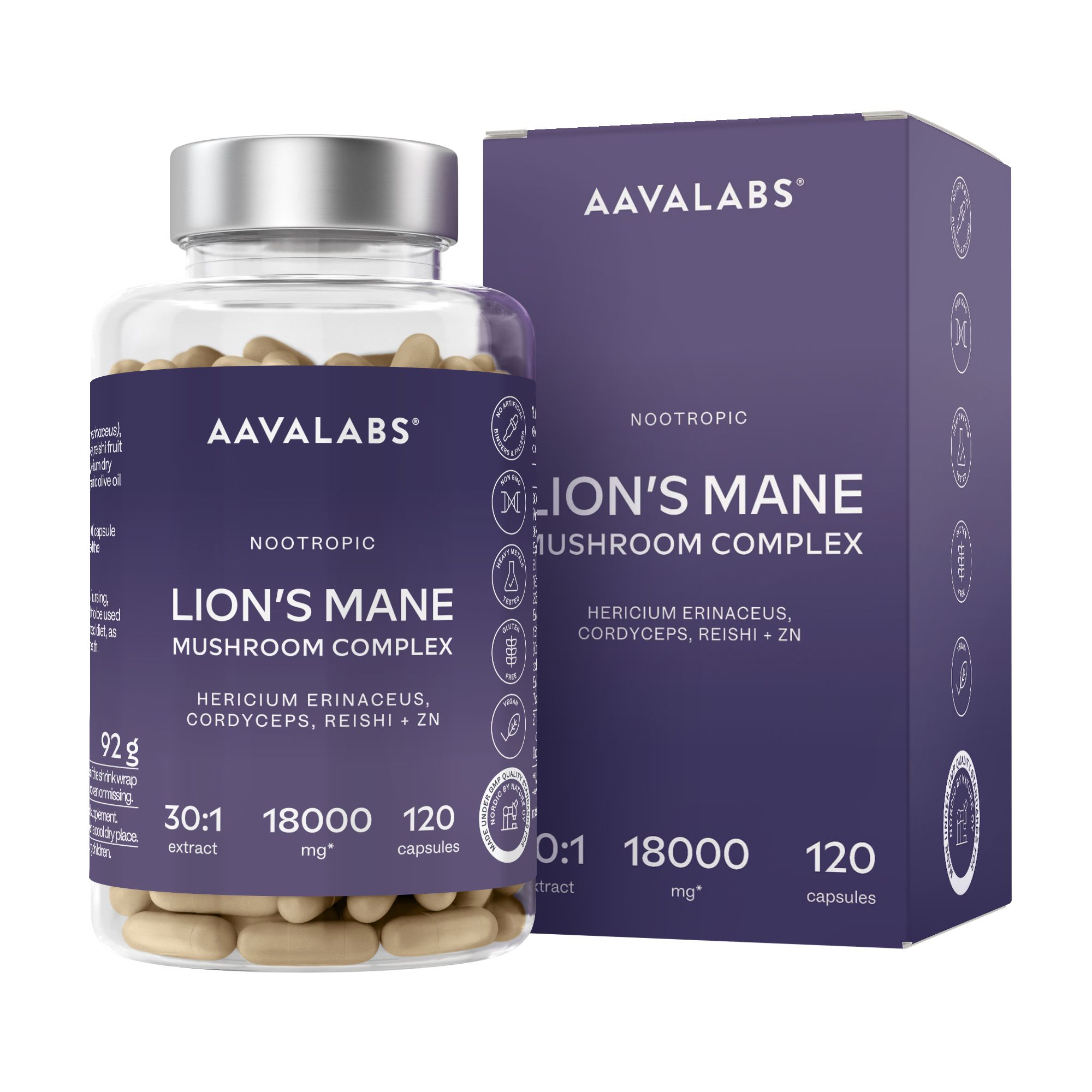 Aavalabs Lion's Mane Hericium Erinaceus 18.000 mg | Reishi, cordyceps e zinco | 120 capsule