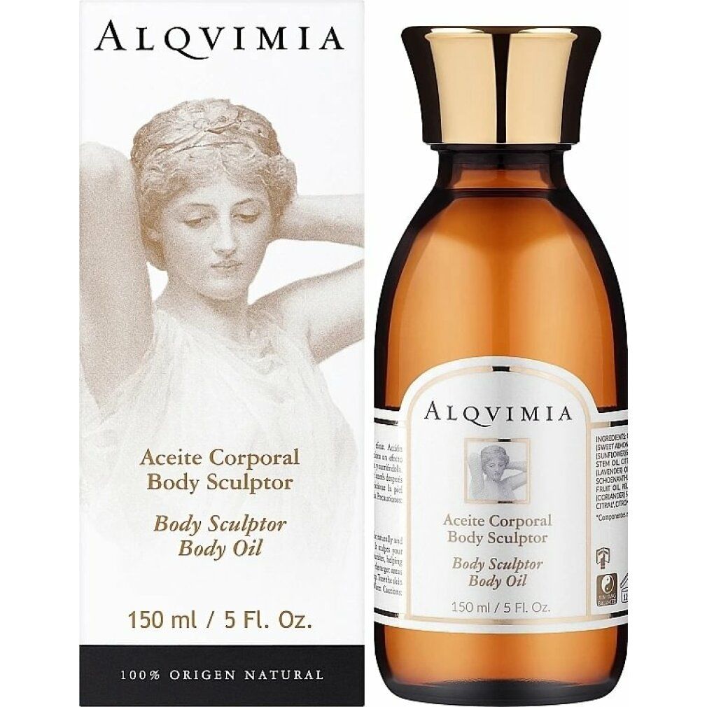 Flacone in vetro marrone con tappo dorato e confezione bianca. Scritta: Alqvimia, Aceite corporal Body Sculptor. 150 ml / 5 Fl. Oz.