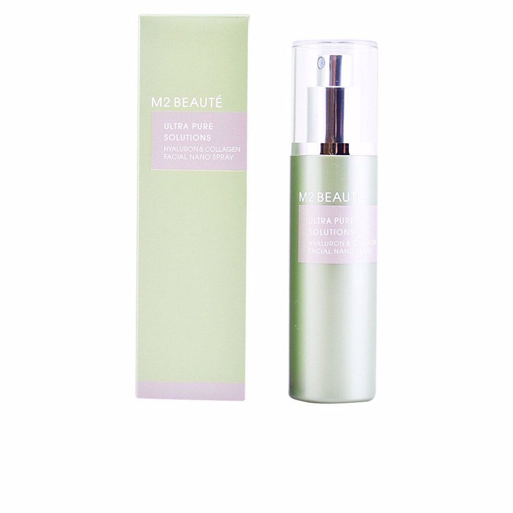 Flacone verde con vaporizzatore e scatola. Scritta: M2 Beauté, Ultra Pure Solutions, Hyaluron & Collagen Facial Nano Spray.