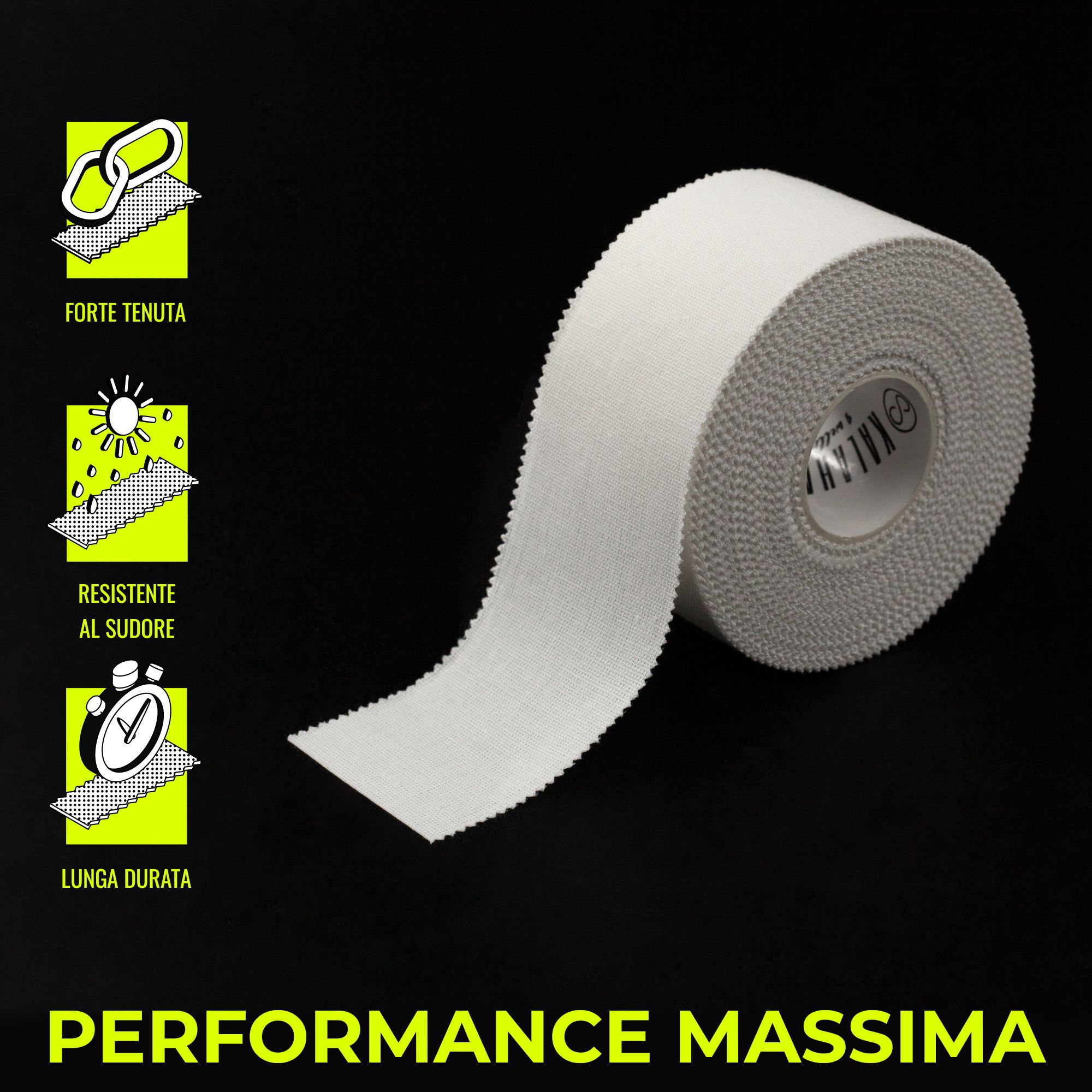 Un rotolo di nastro sportivo bianco con icone per tenuta forte, resistenza al sudore e lunga durata.