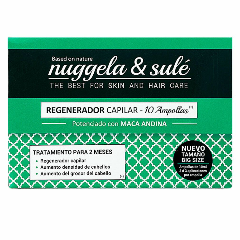 Scatola verde con nome del prodotto e testo. Contiene 10 fiale. Testo: Rigeneratore per capelli. Trattamento per 2 mesi. Big Size.