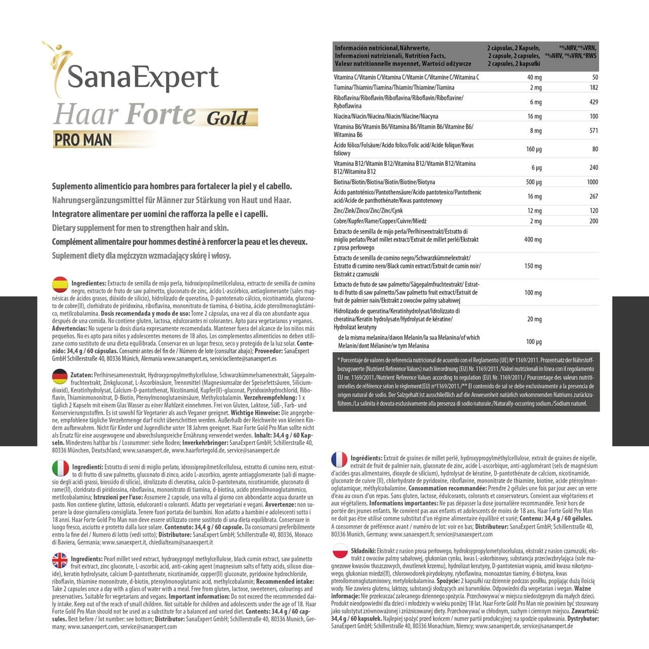 Informazioni multilingue sul prodotto SanaExpert Haar Forte Gold Pro Man. Testo in tedesco, inglese, francese, italiano.