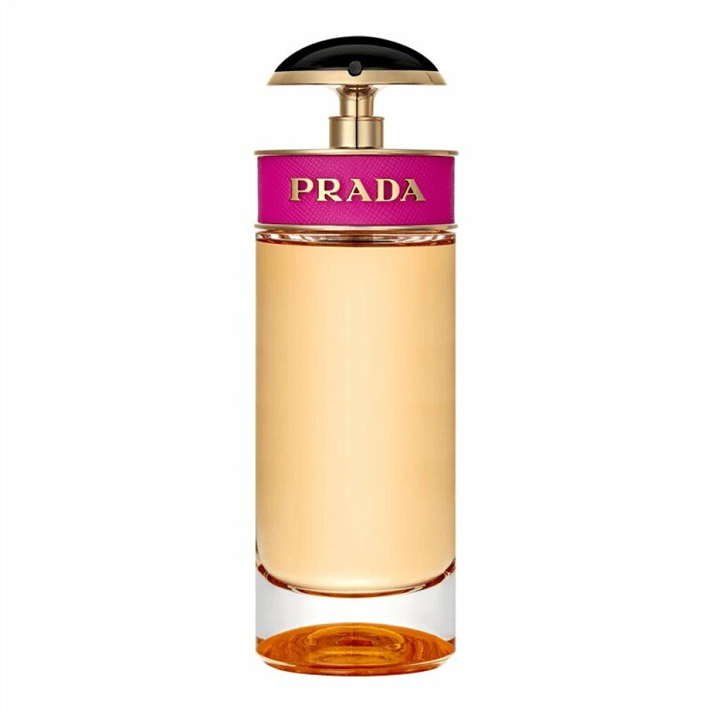 Flacone con fascia rosa e tappo nero. Scritta dorata Prada. Flacone trasparente.