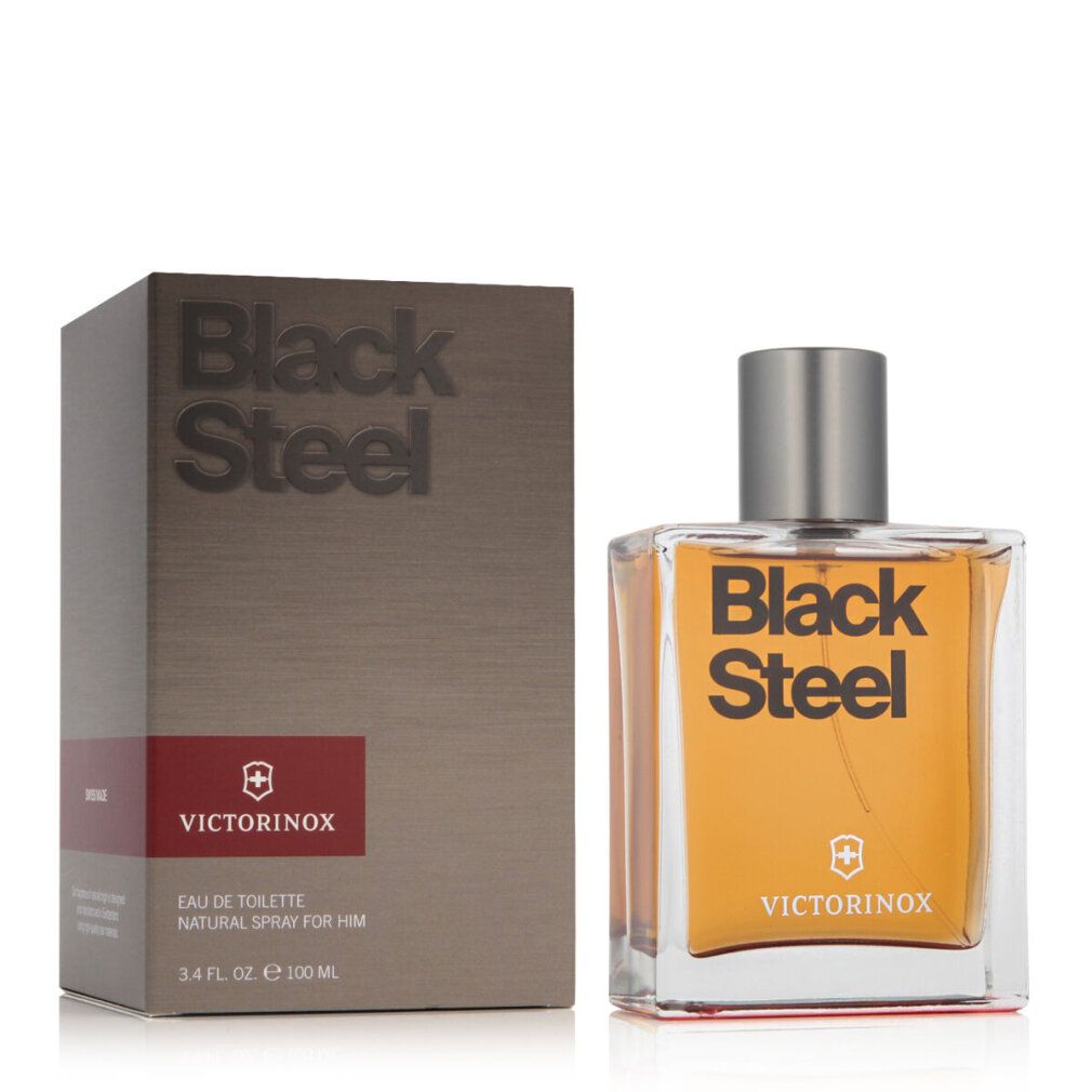 Flacone di profumo e confezione. Flacone con tappo argentato, liquido giallo. Confezione con logo e testo: Black Steel.