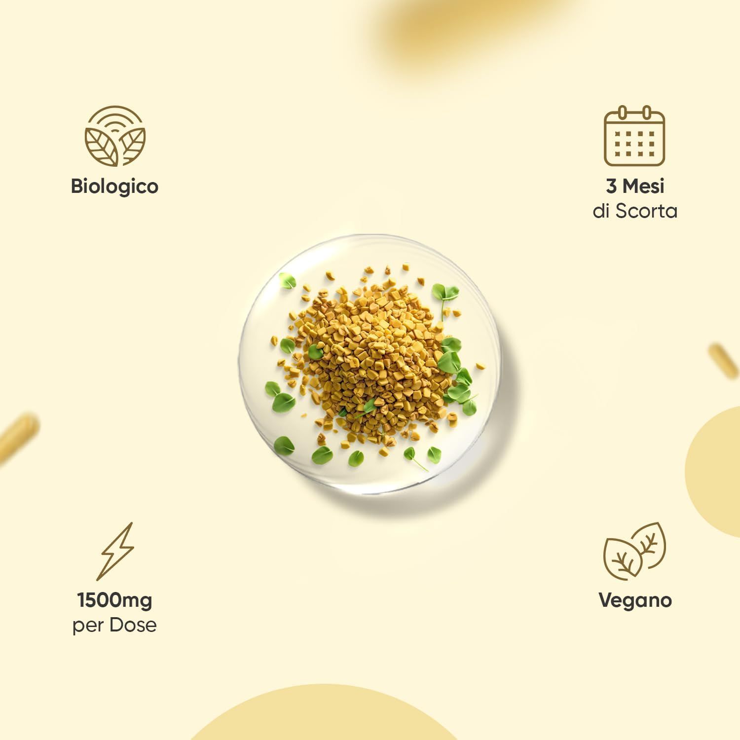 Ingredienti su un piatto. Testo: Biologico, 1500mg per dose, Vegano, 3 mesi di scorta.