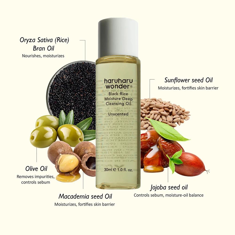 Flacone di olio detergente con ingredienti: riso, olive, semi di girasole, jojoba, macadamia. Scritta: haruharu wonder.