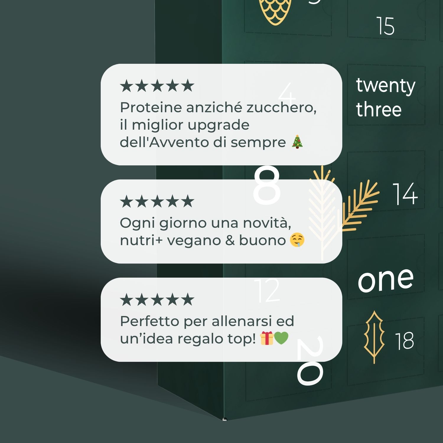 Calendario dell'Avvento verde scuro con numeri e decorazioni dorate. Il logo Nutri+ è visibile.