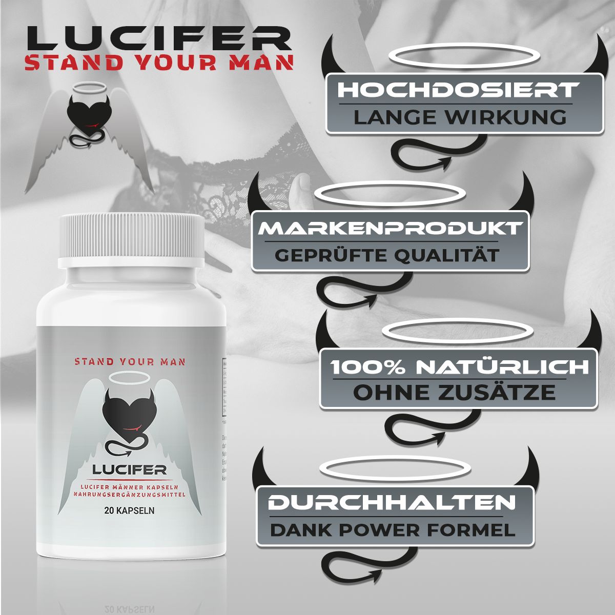 Flacone bianco di capsule. Scritta: LUCIFER, 20 capsule. Testi: Altamente dosato, Prodotto di marca, 100% naturale, Resistere.