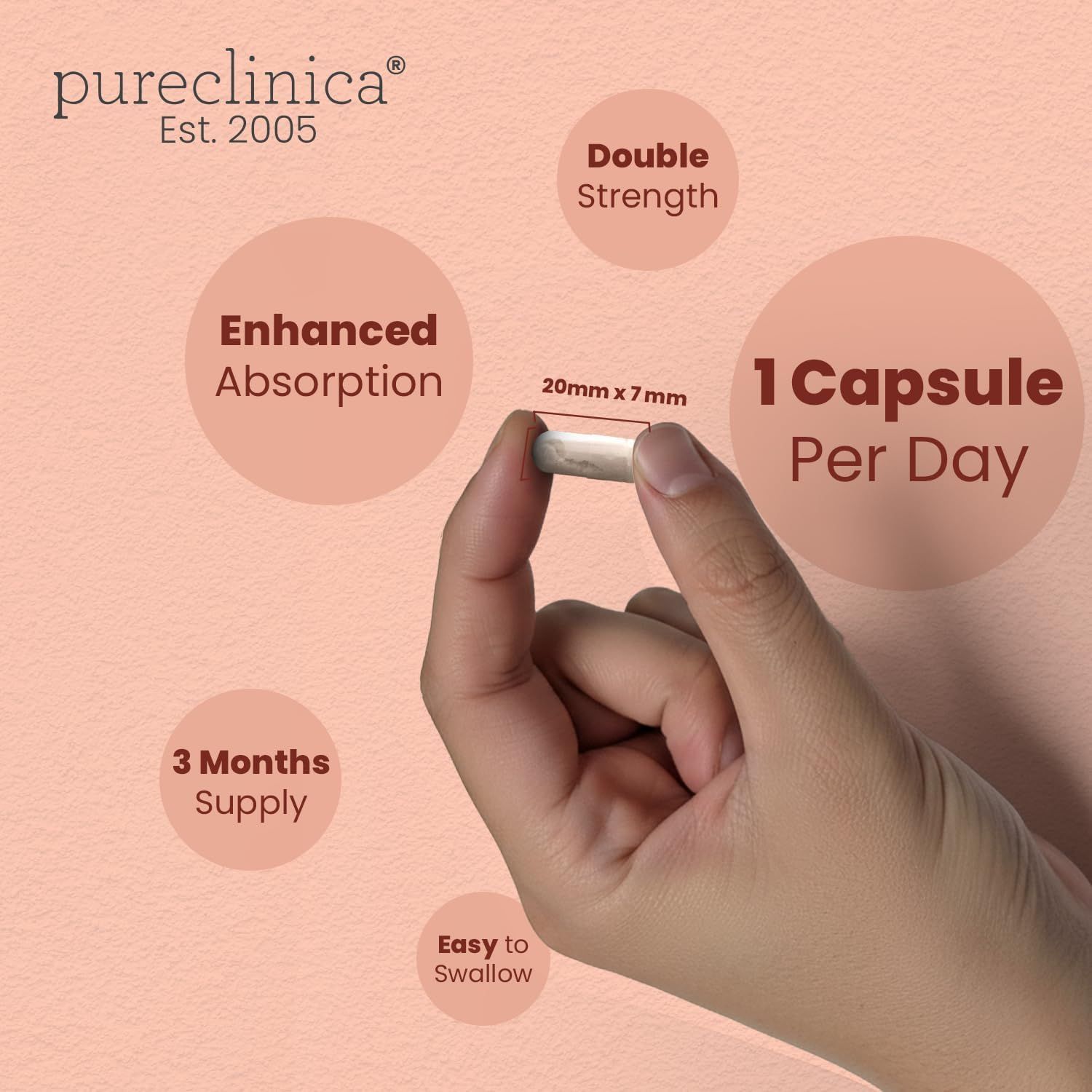 Mano che tiene una capsula di 20mm x 7mm. Informazioni sull'assorbimento migliorato e sulla facilità di ingestione.