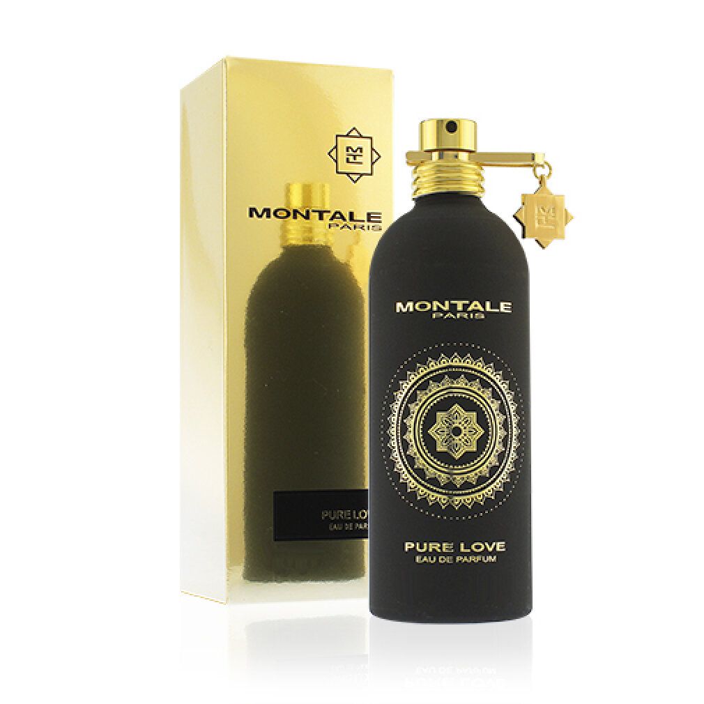 Flacone nero con confezione dorata. Scritta: MONTALE PARIS, PURE LOVE, Eau de Parfum. Vaporizzatore dorato.