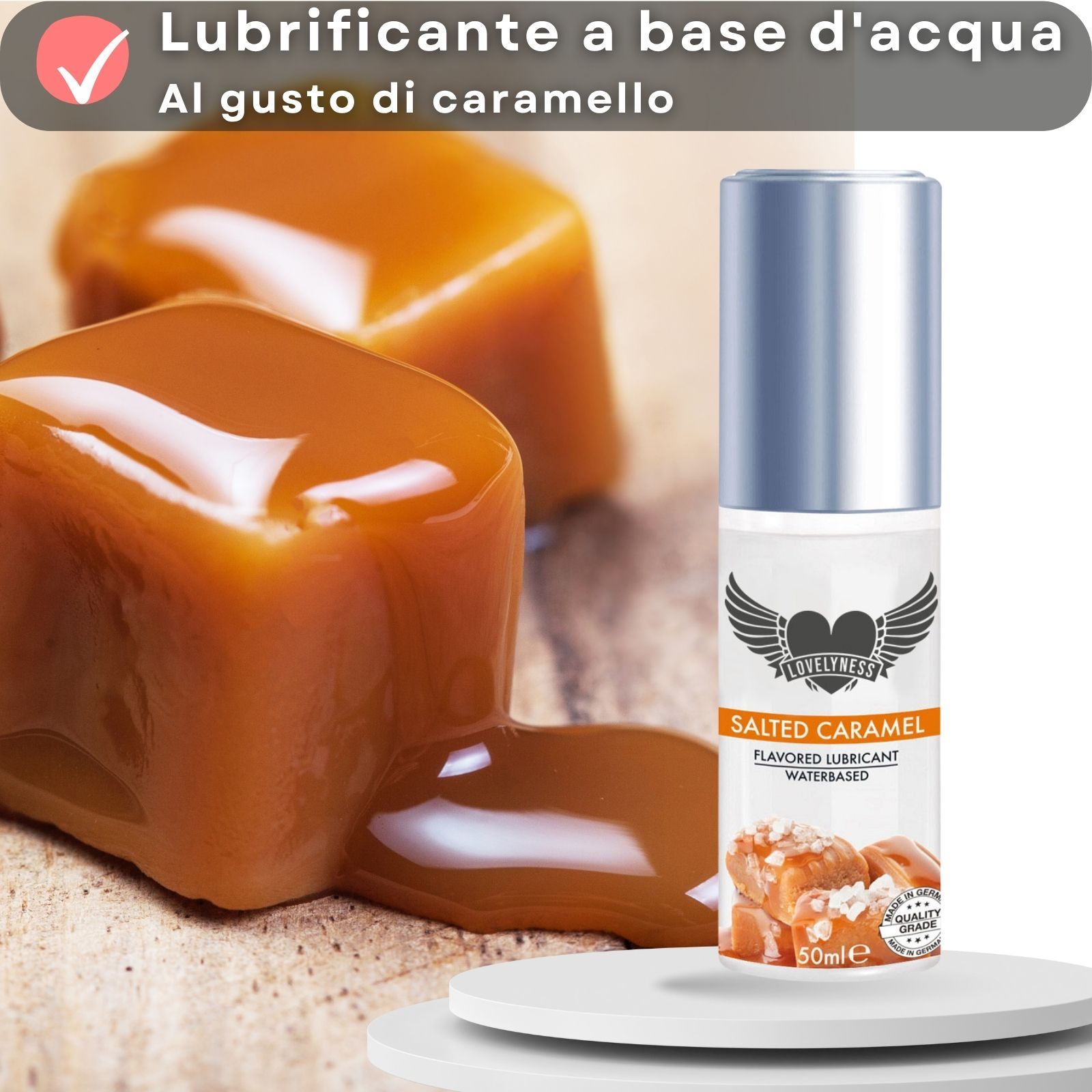 Flacone Salty Caramel. 50ml. Lubrificante al gusto caramello. Immagine di caramello.