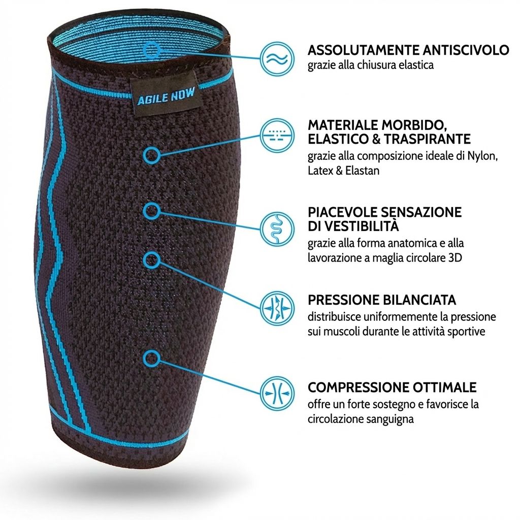 Bendaggio per polpaccio nero con dettagli blu. Vestibilità anatomica, materiale traspirante. Compressione ottimale.