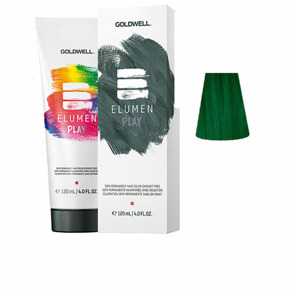 Colorazione per capelli in tubo e scatola. Capelli tinti di verde. Scritta: ELUMEN PLAY, GOLDWELL.