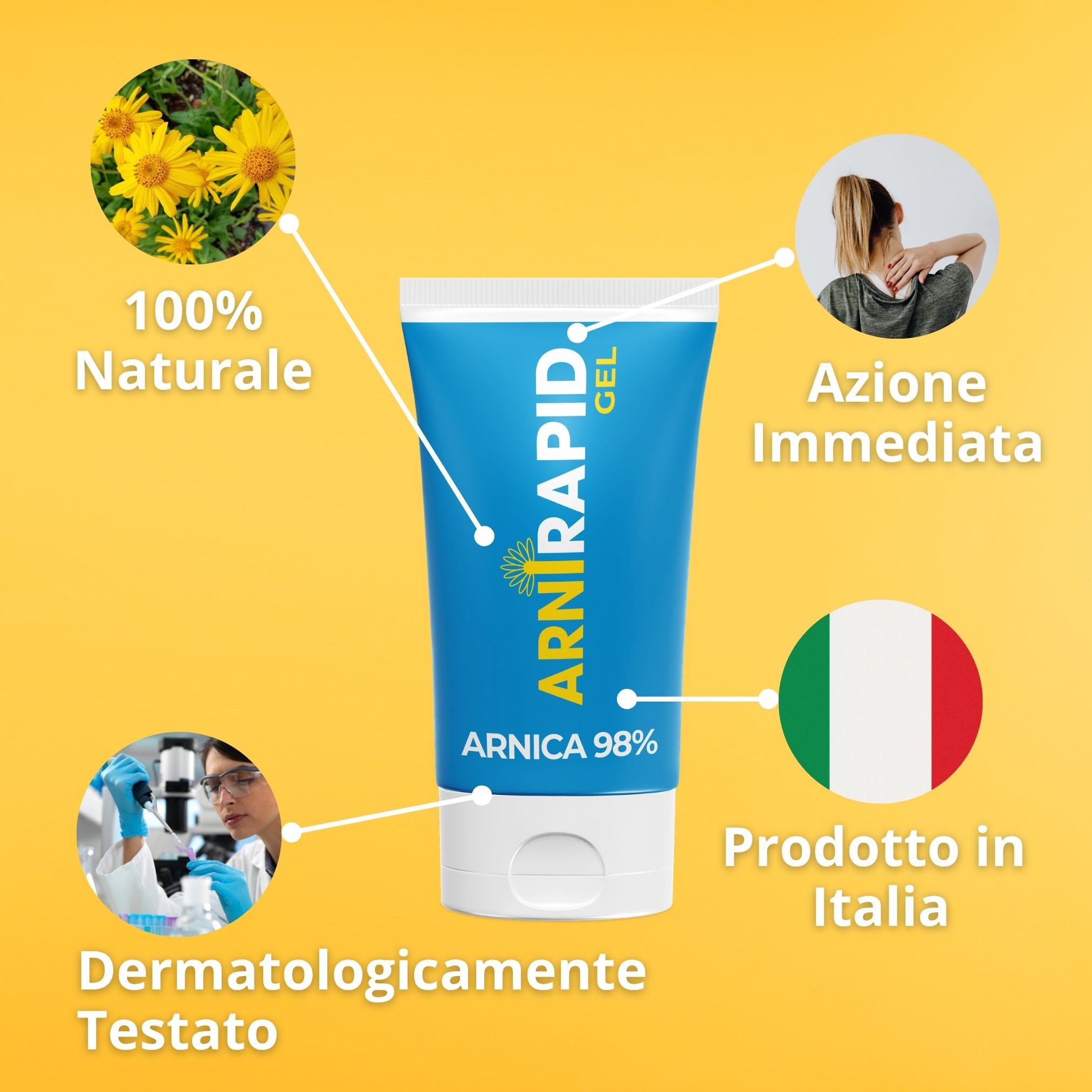 Tubetto ARNIRAPID con Arnica, 100% naturale, testato dermatologicamente, azione immediata, prodotto in Italia.