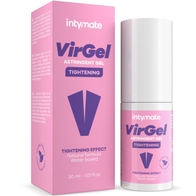 Intymate VirGel Gel Astringente, flacone e confezione. Scatola rosa con informazioni sul prodotto.