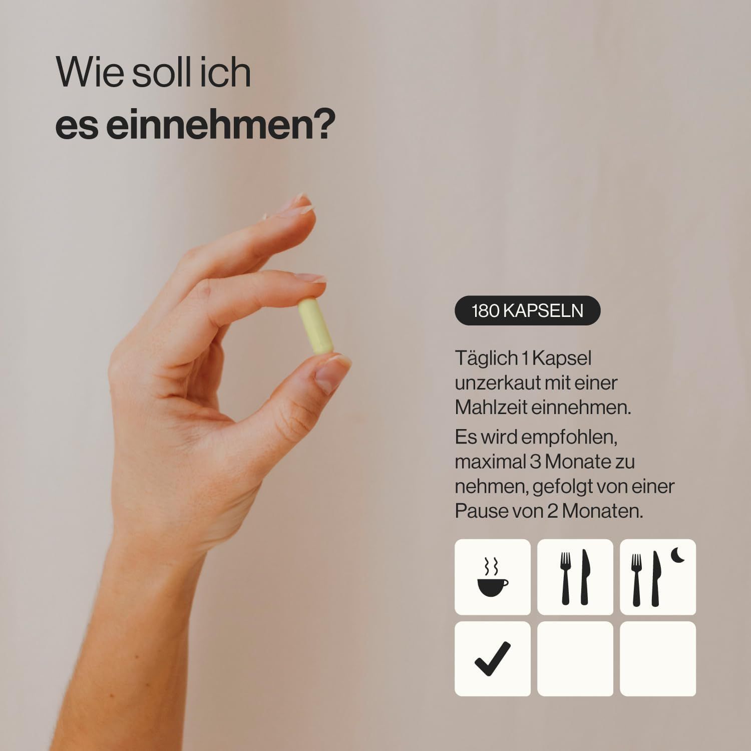 Mano che tiene una capsula. Testo: 180 capsule. Raccomandazioni di assunzione con simboli dei pasti.