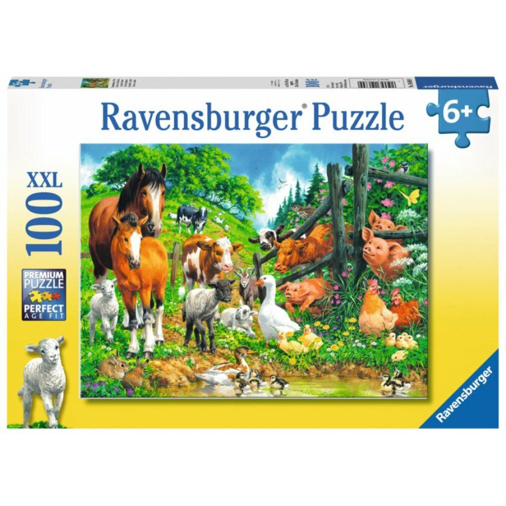 Scatola puzzle con animali. Cavalli, mucche, pecore, maiali, galline e anatre. Testo: Ravensburger Puzzle, 100 pezzi XXL.