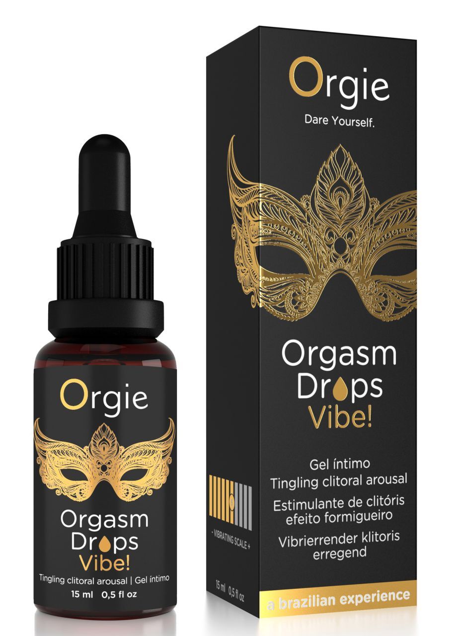 Flaconcino e confezione Orgie Orgasm Drops Vibe!. Scatola e flaconcino neri con maschera dorata.