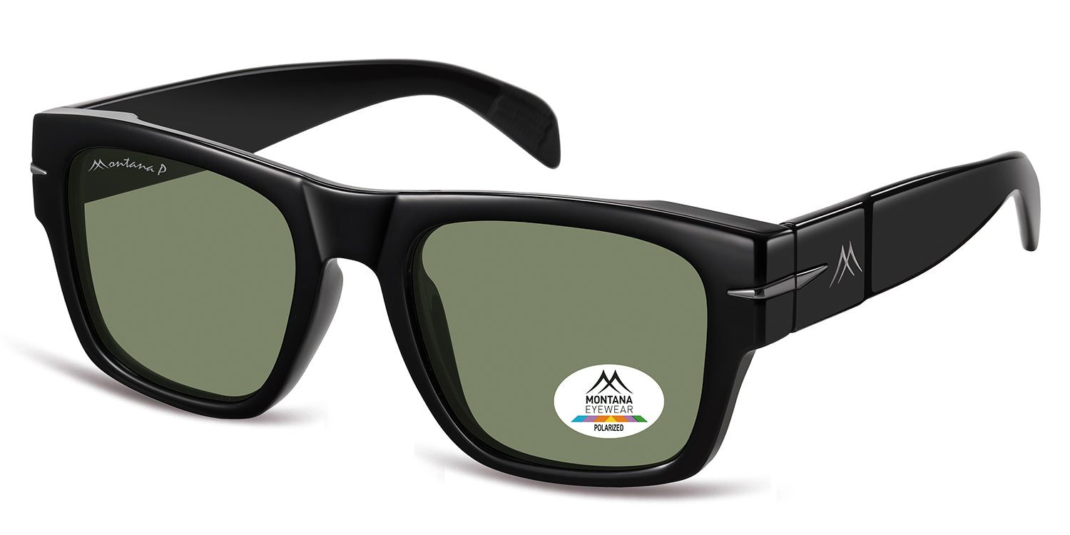 Occhiali da sole neri, lenti rettangolari. Logo Montana Eyewear sull'asta. Lenti polarizzate.