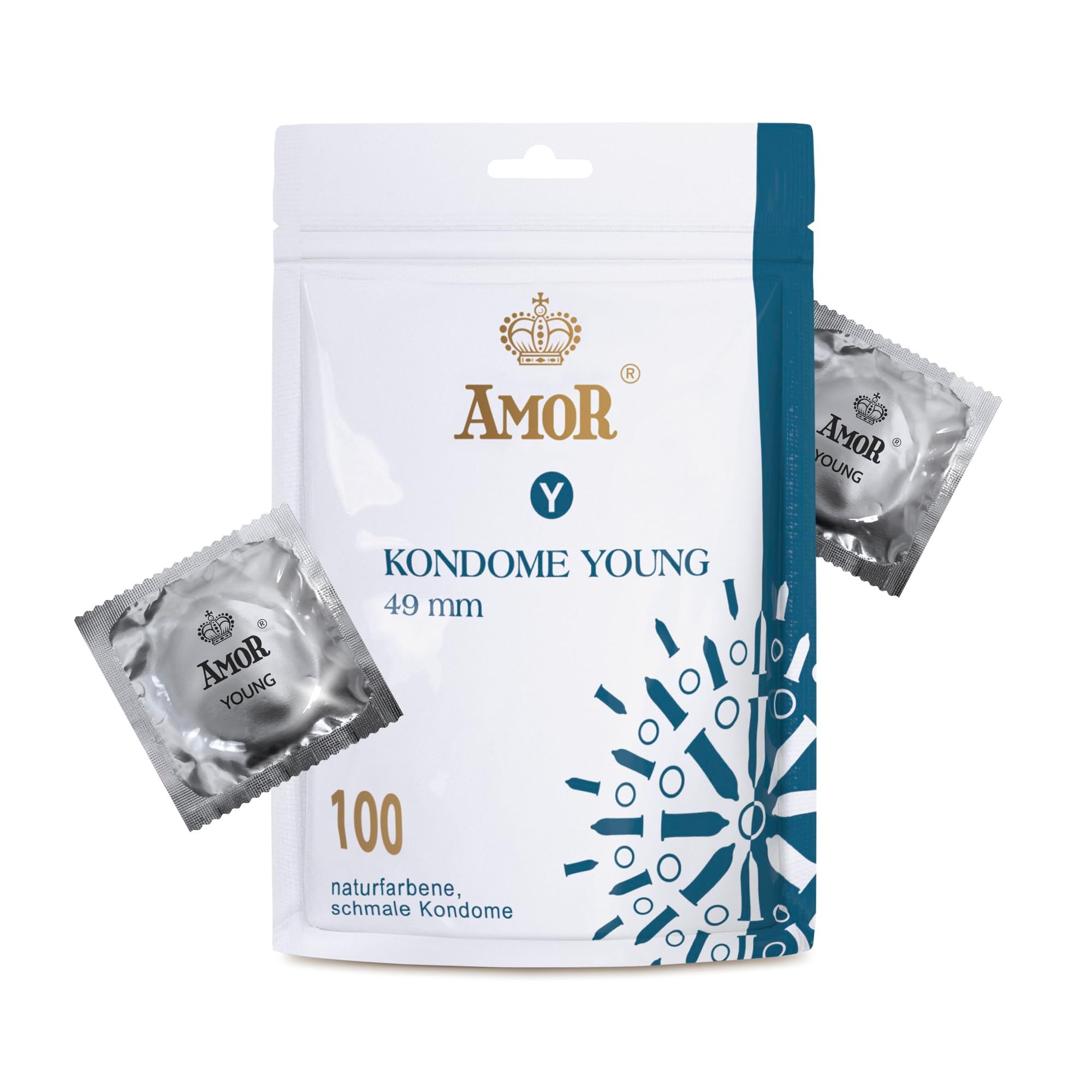 Preservativi Amor Young, 49mm, colore naturale, sottili. Confezioni singole estraibili.