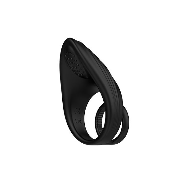Anello vibrante nero con superficie scanalata e pulsante di accensione. Un piccolo anello è attaccato in basso.