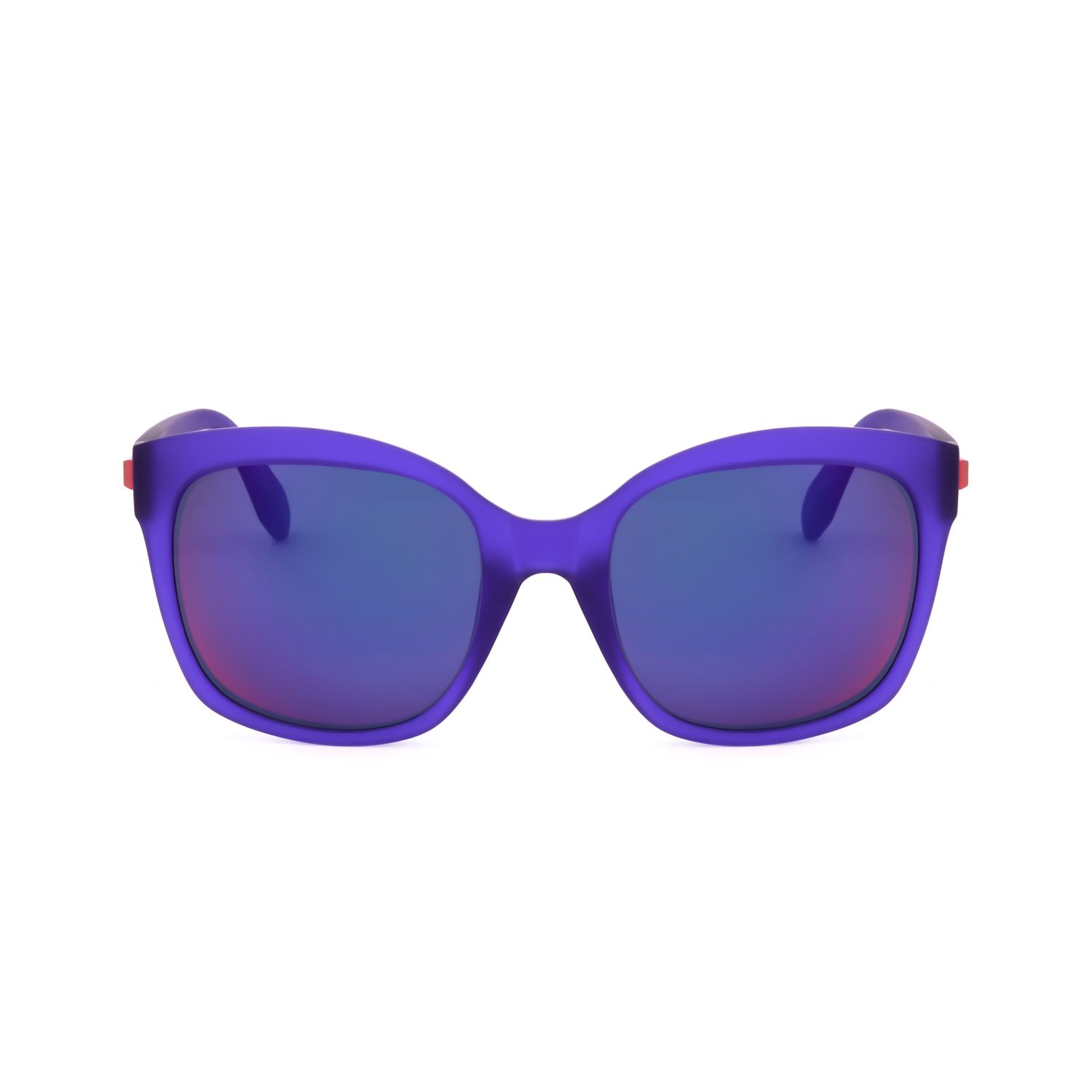 Occhiali da sole viola con lenti a specchio e montatura larga.