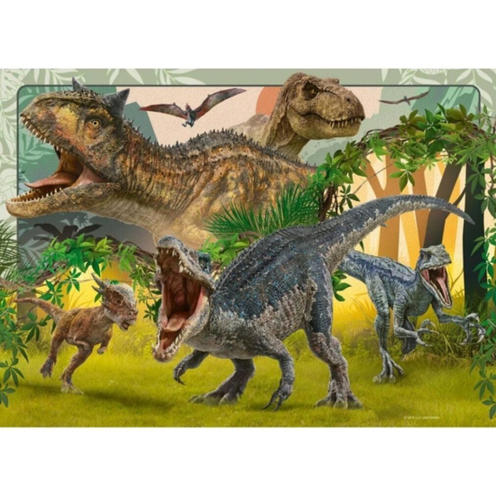 Puzzle con dinosauri. Diversi dinosauri, tra cui un T-Rex, sono raffigurati in una scena con vegetazione.