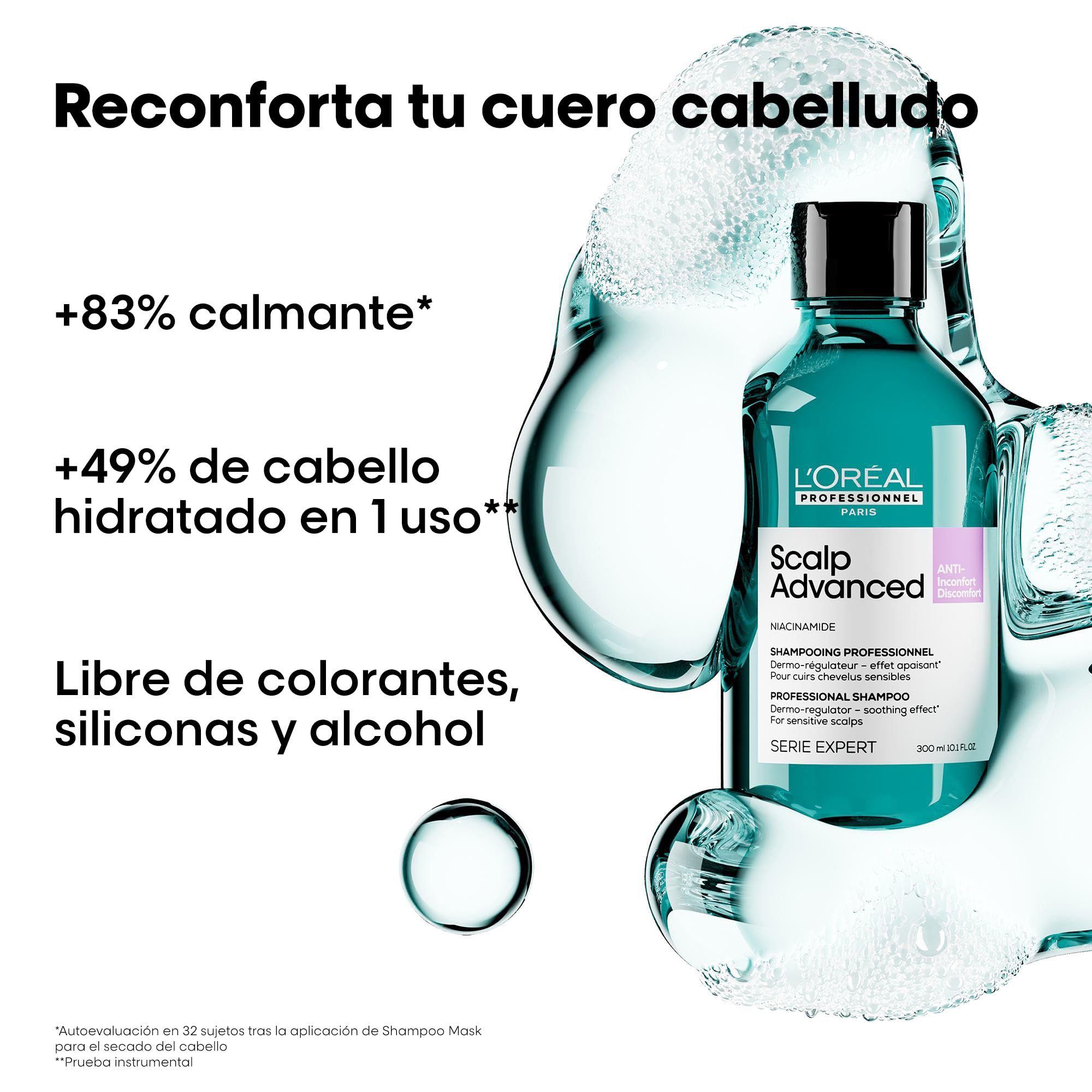 Flacone di shampoo turchese con tappo nero. Testo: L'Oréal Professionnel Scalp Advanced. Schiuma e testo in spagnolo.