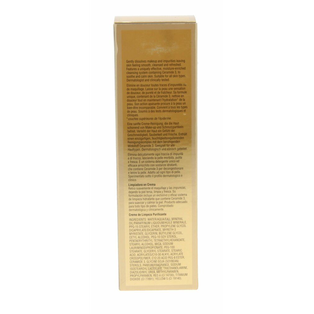 Confezione con testo e ingredienti. Dorato. Testo: Ceramide Purifying Cream Cleanser. Marchio: Elizabeth Arden.