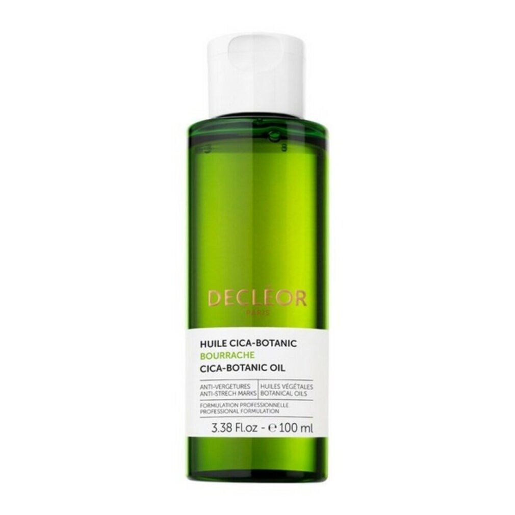 Flacone di vetro verde con tappo bianco. Scritta: Decleor, Cica-Botanic Bourrache, olio. 3.38 Fl.oz - e 100 ml.