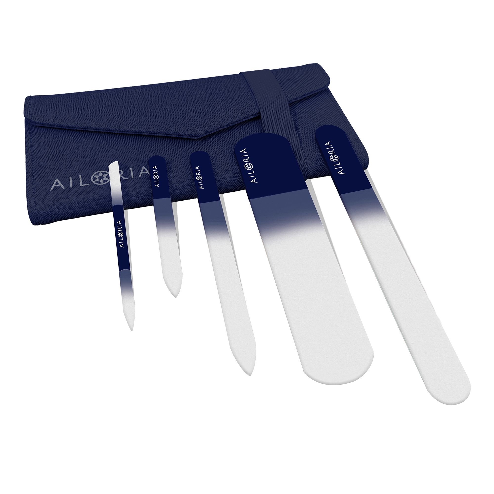 Set di cinque lime per unghie e custodia. Lime con sfumatura blu-bianca e logo AILORIA. Custodia blu scuro.