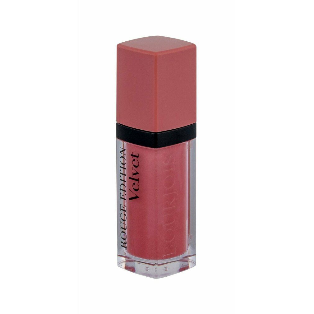 Rossetto rosa in flacone trasparente rettangolare. Tappo rosa. Scritta: Rouge Edition Velvet.
