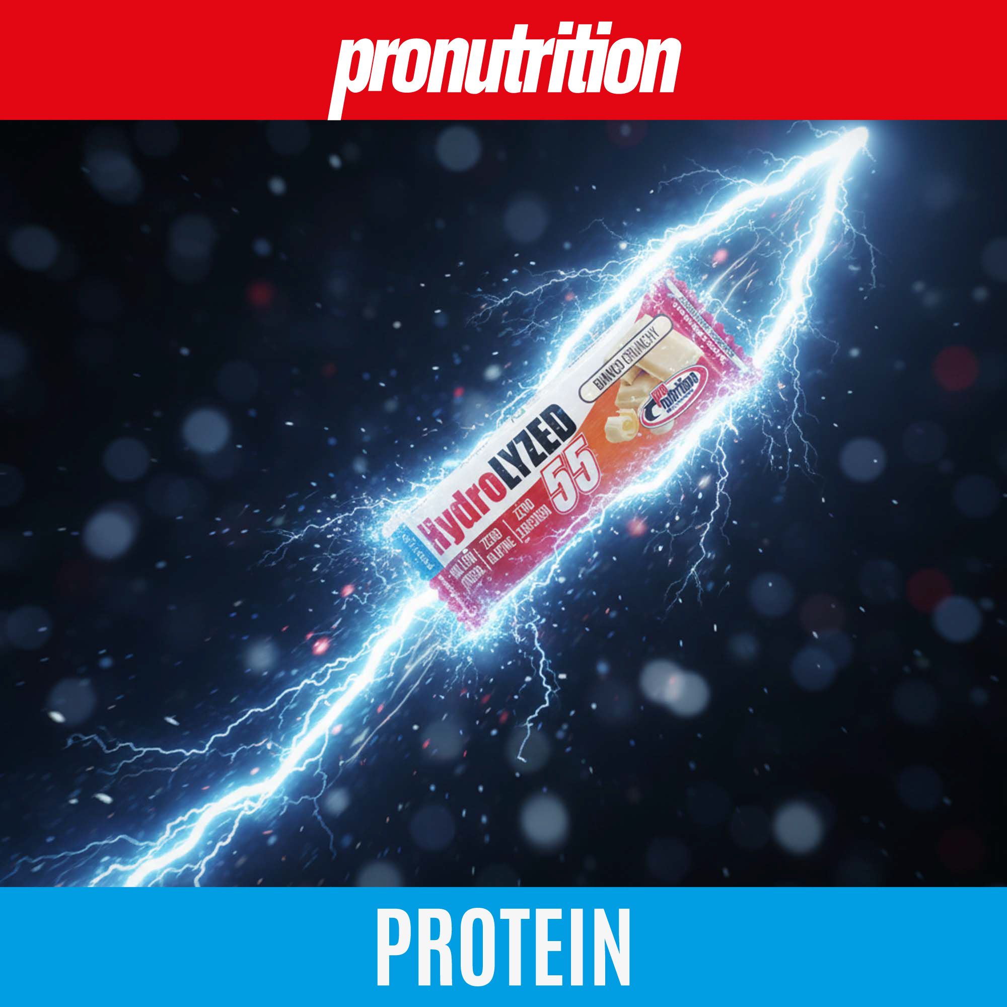 Barretta proteica con confezione rossa e blu, testo: Hydrolyzed, 55, Bianco Crunchy. Effetto fulmine.