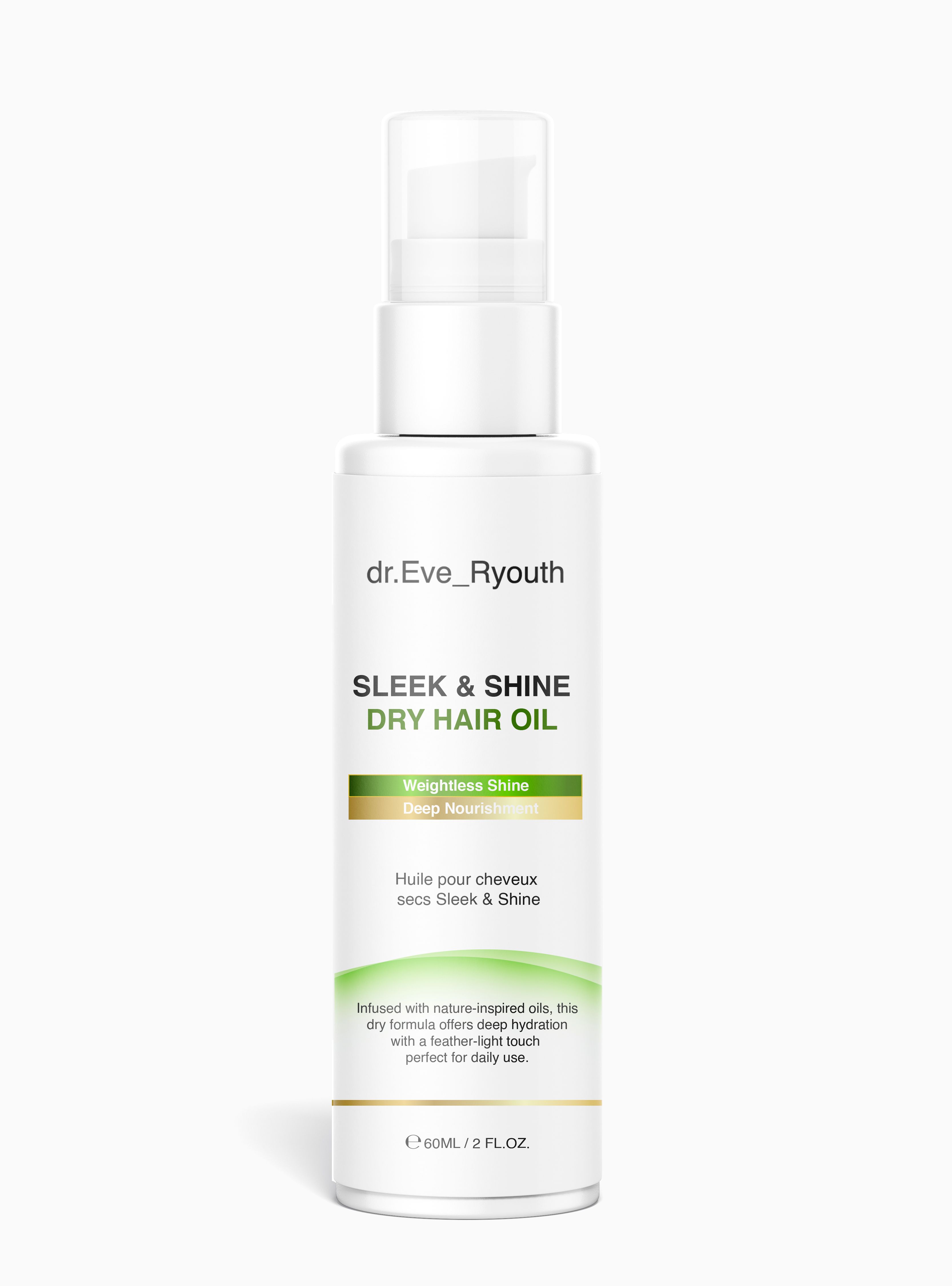 Flacone bianco con dosatore. Scritta: Sleek & Shine Dry Hair Oil. Testo: Huile pour cheveux secs Sleek & Shine. 60ml/2 FL.OZ.