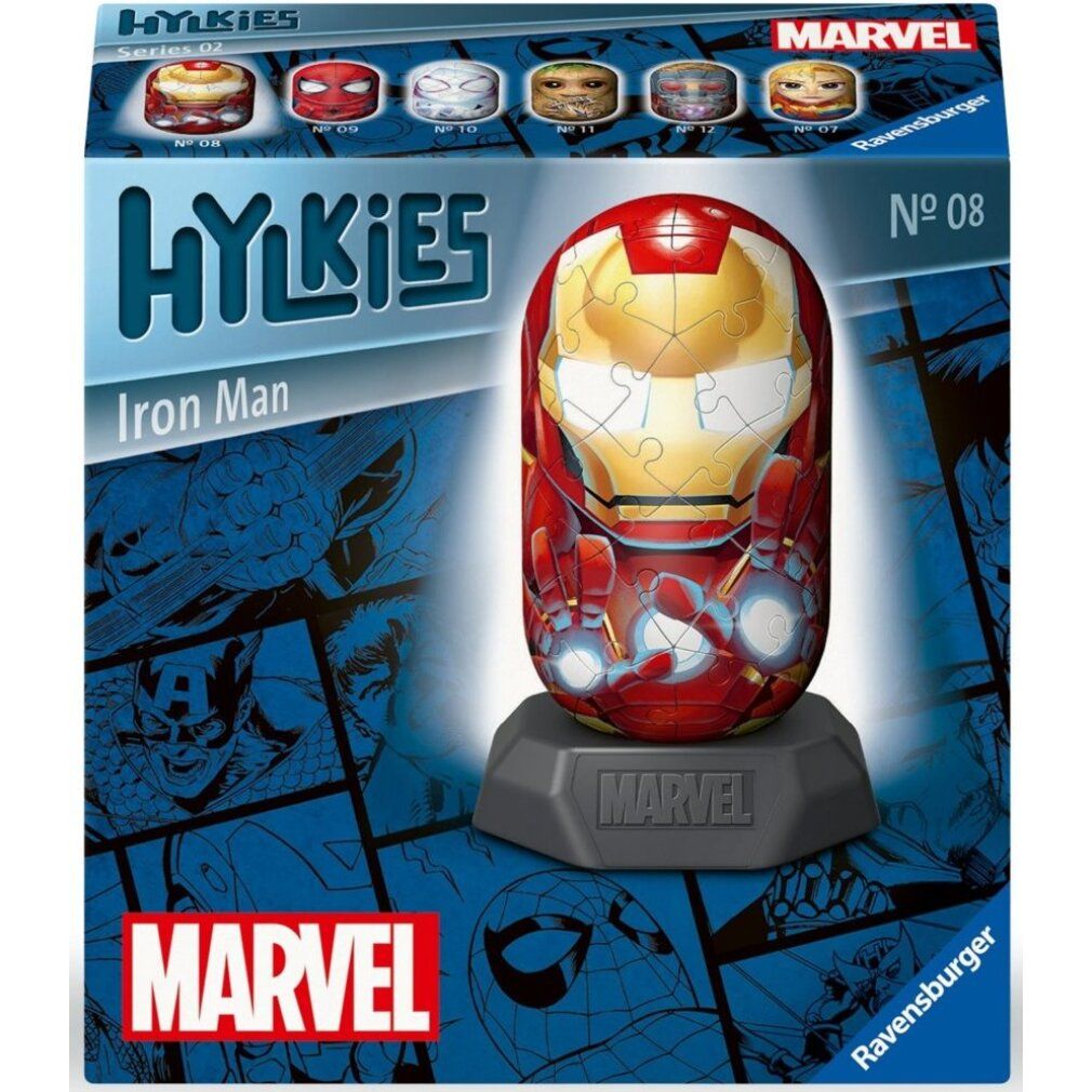 Confezione puzzle 3D Iron Man. Mostra il puzzle sulla base e altri personaggi. Loghi Marvel e Hylkies.