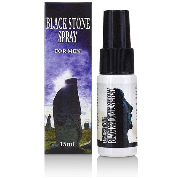 Spray Black Stone di Cobeco Pharma per uomo, 15ml, flacone e confezione.