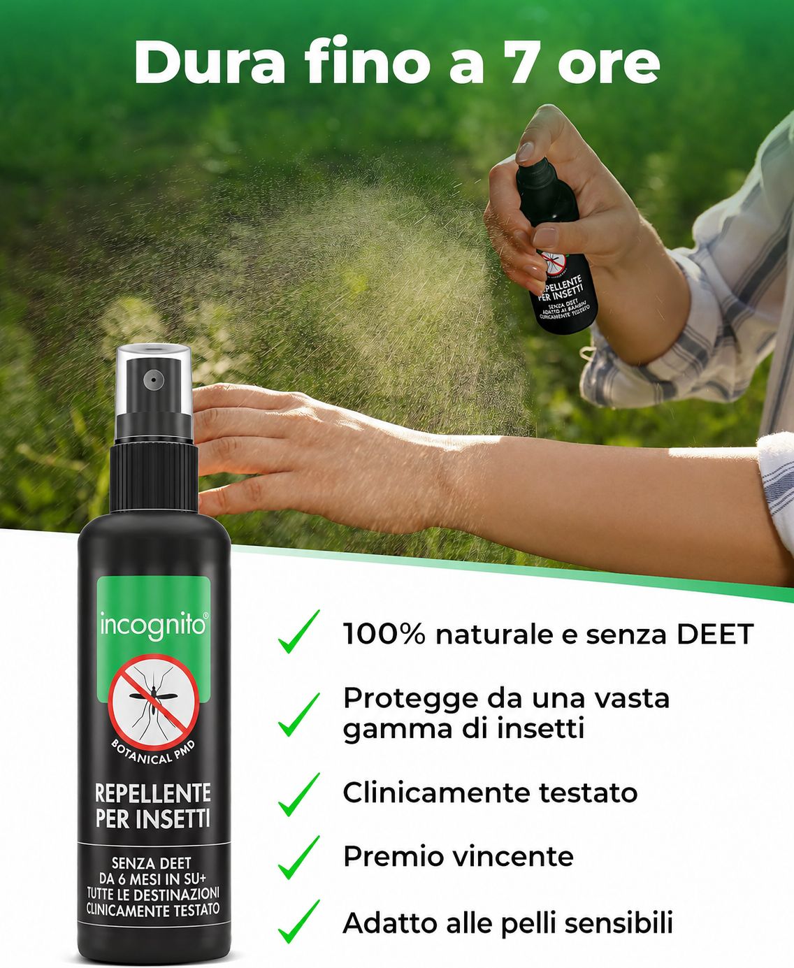 Flacone spray nero con etichetta verde. Testo: Repellente per insetti, 100% naturale, senza DEET, testato clinicamente. Persona spruzzando.