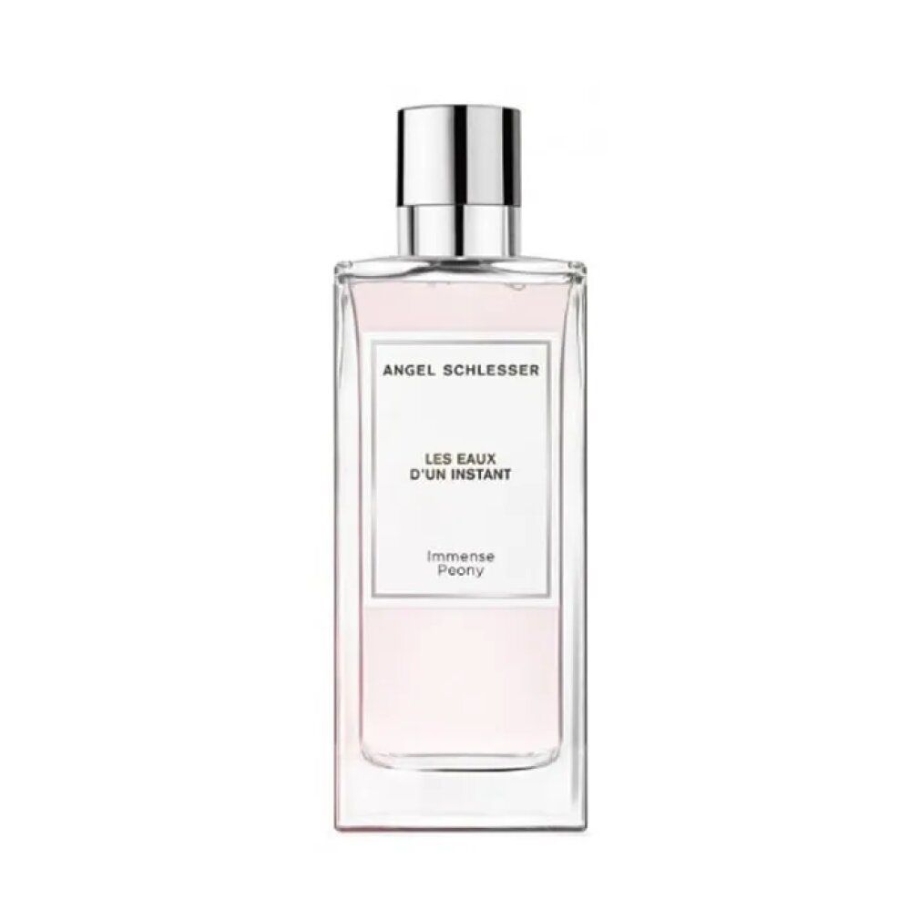 Flacone rettangolare con tappo argentato. Etichetta: "Angel Schlesser, Les Eaux d'un Instant Immense Peony".