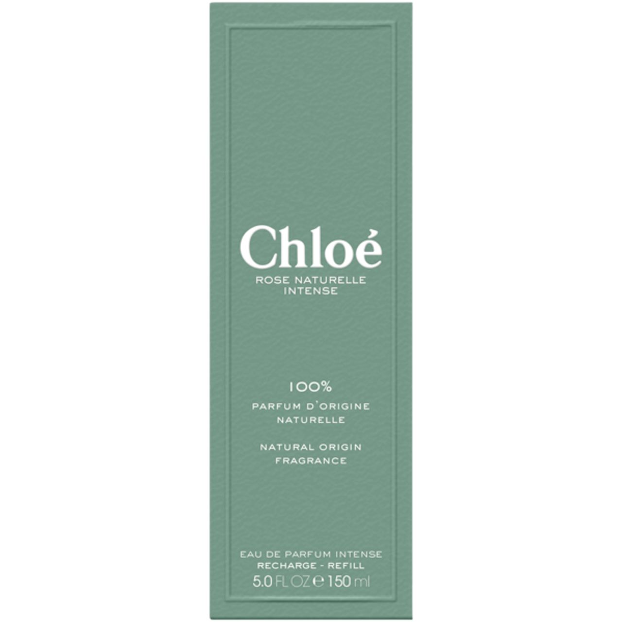 Confezione rettangolare verde. Scritta: Chloé, Rose Naturelle Intense. 100% Parfum d'origine naturelle.