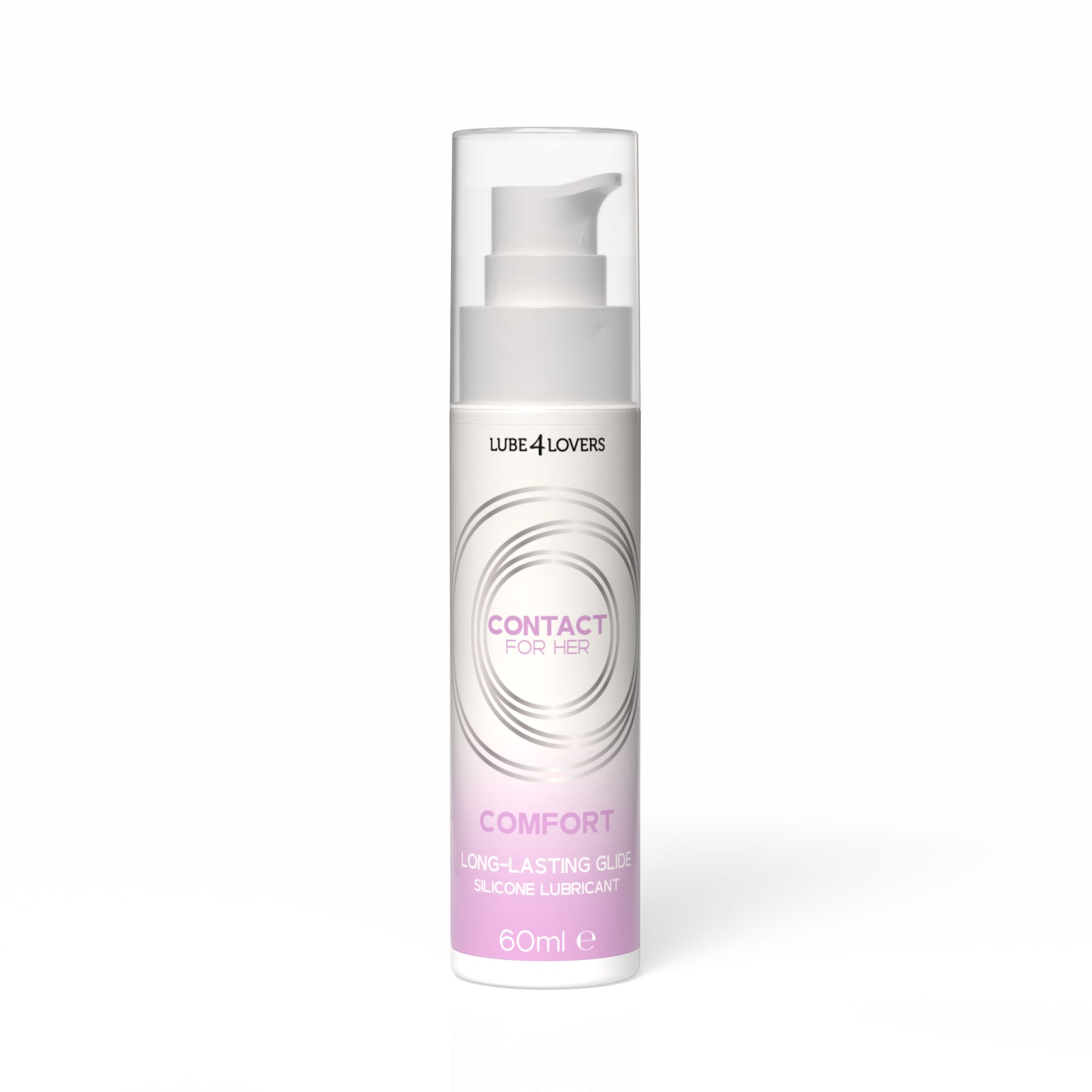 Flacone. Scritta: CONTACT FOR HER, COMFORT, LONG-LASTING GLIDE, SILICONE LUBRICANT, 60ml e. Marchio: LUBE 4 LOVERS.