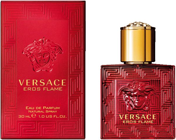 Flacone e confezione rossi. Tappo dorato. Scritta: Versace Eros Flame. 30 ml.