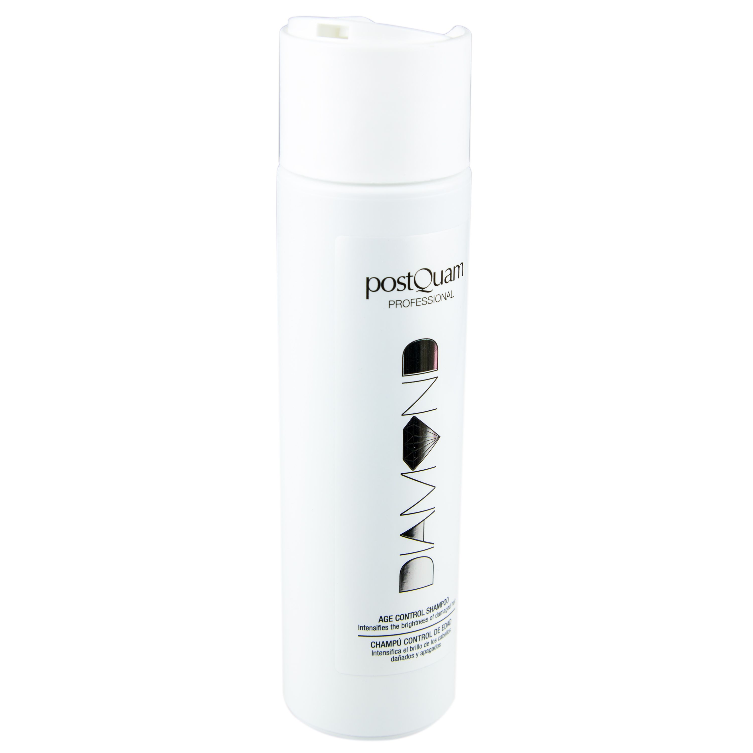 Flacone di shampoo bianco con etichetta nera e argento. Scritta: DIAMOND, PostQuam Professional, Age Control Shampoo.