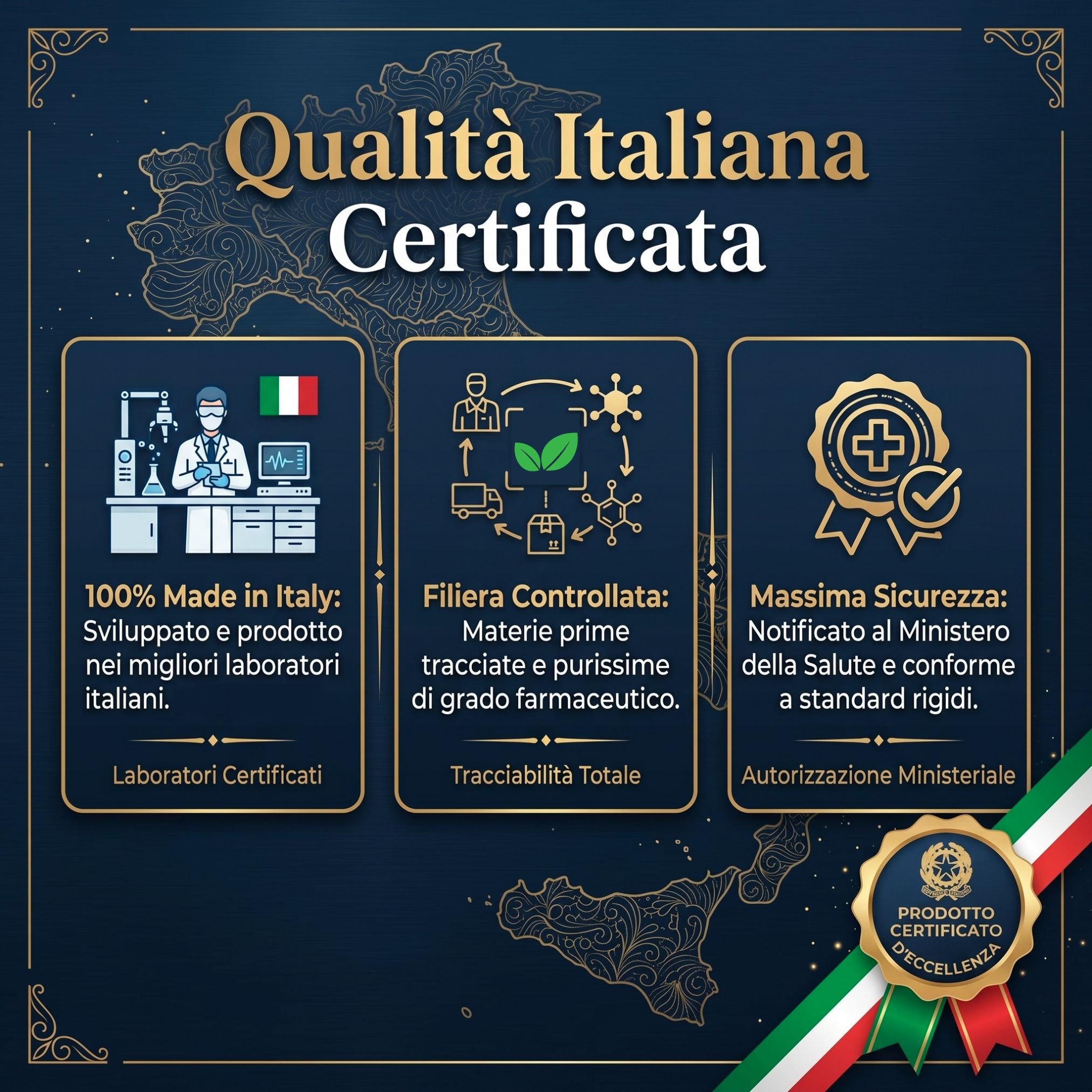 Qualità italiana certificata: 100% Made in Italy, filiera controllata, autorizzazione ministeriale.