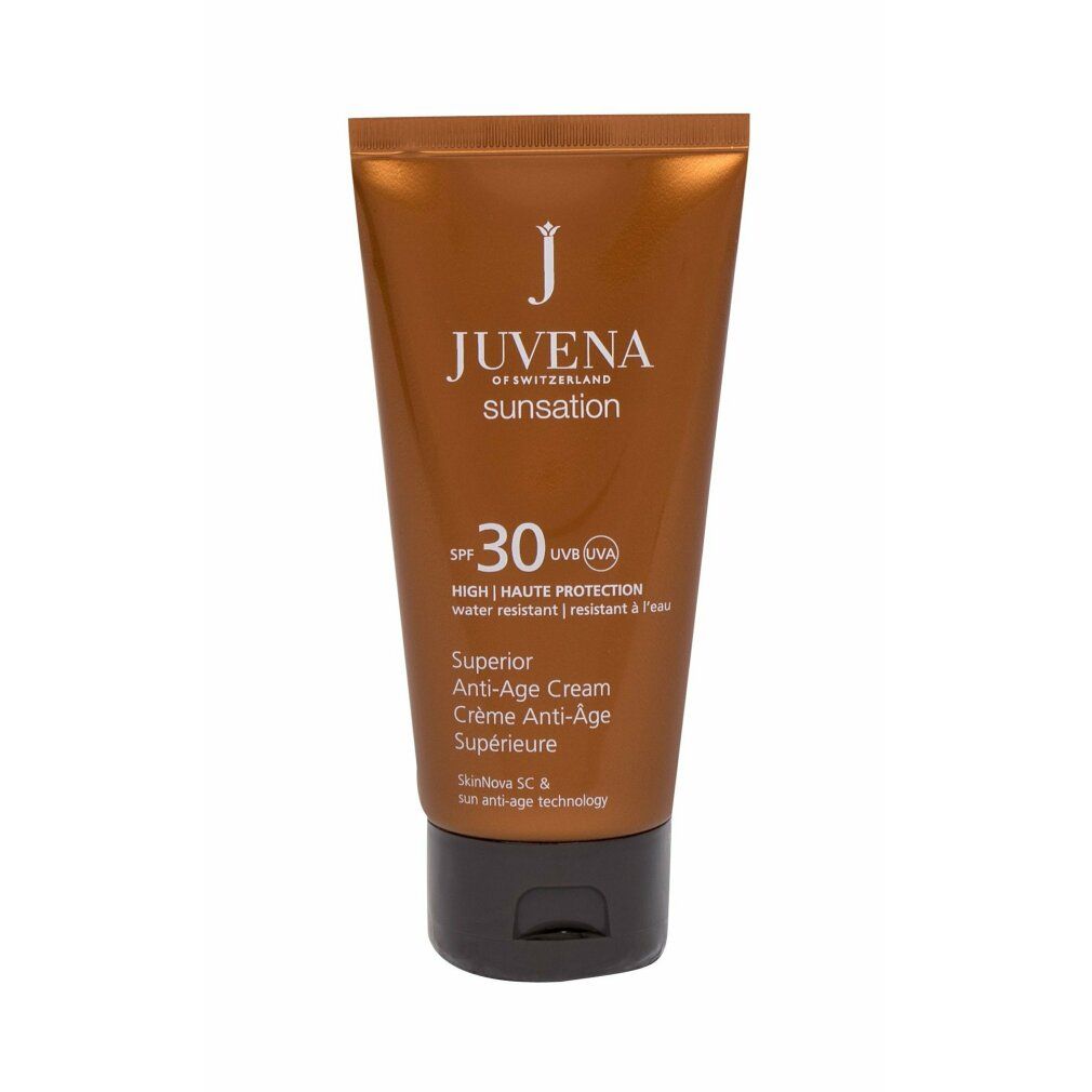 Tubo marrone. Scritta: Juvena Sunsation Superior Anti-Age Cream SPF30. Resistente all'acqua.