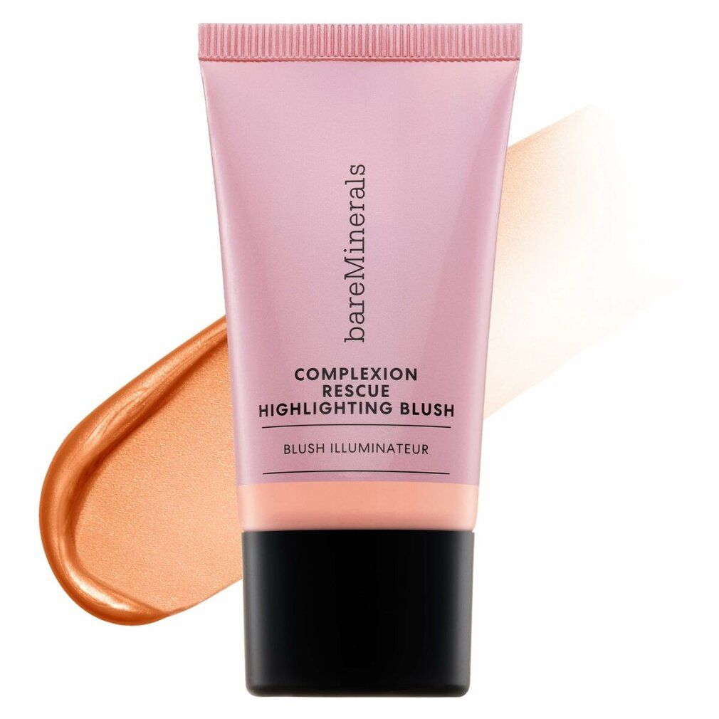Tubo rosa con tappo nero e campioni di prodotto. Scritta: bareMinerals, COMPLEXION RESCUE, HIGHLIGHTING BLUSH, BLUSH ILLUMINATEUR.