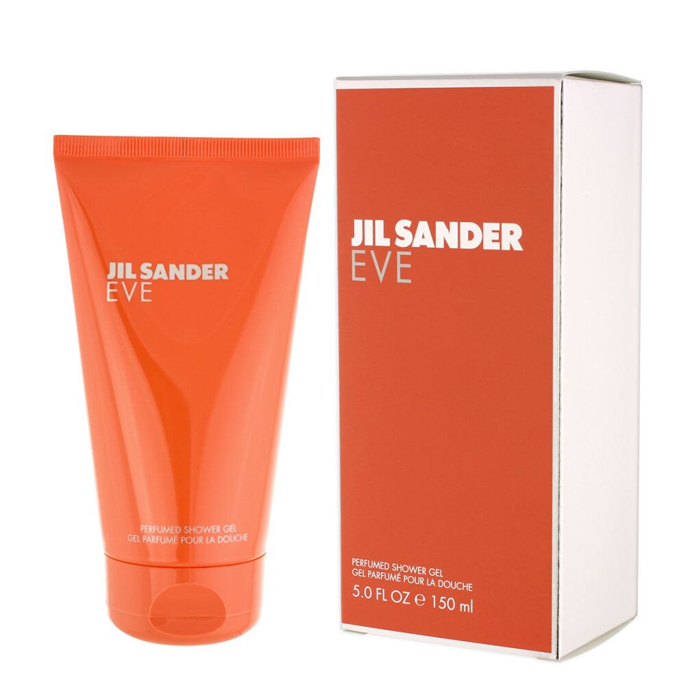 Tubo e scatola arancioni. Sul tubo: JIL SANDER EVE. Sulla scatola: JIL SANDER EVE, PERFUMED SHOWER GEL, 5.0 FL OZ, 150 ml.