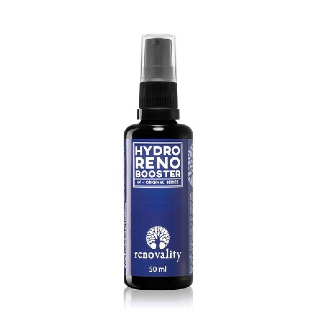 Flacone scuro con vaporizzatore. Scritta: Hydro Reno Booster, Renovality, 50 ml.