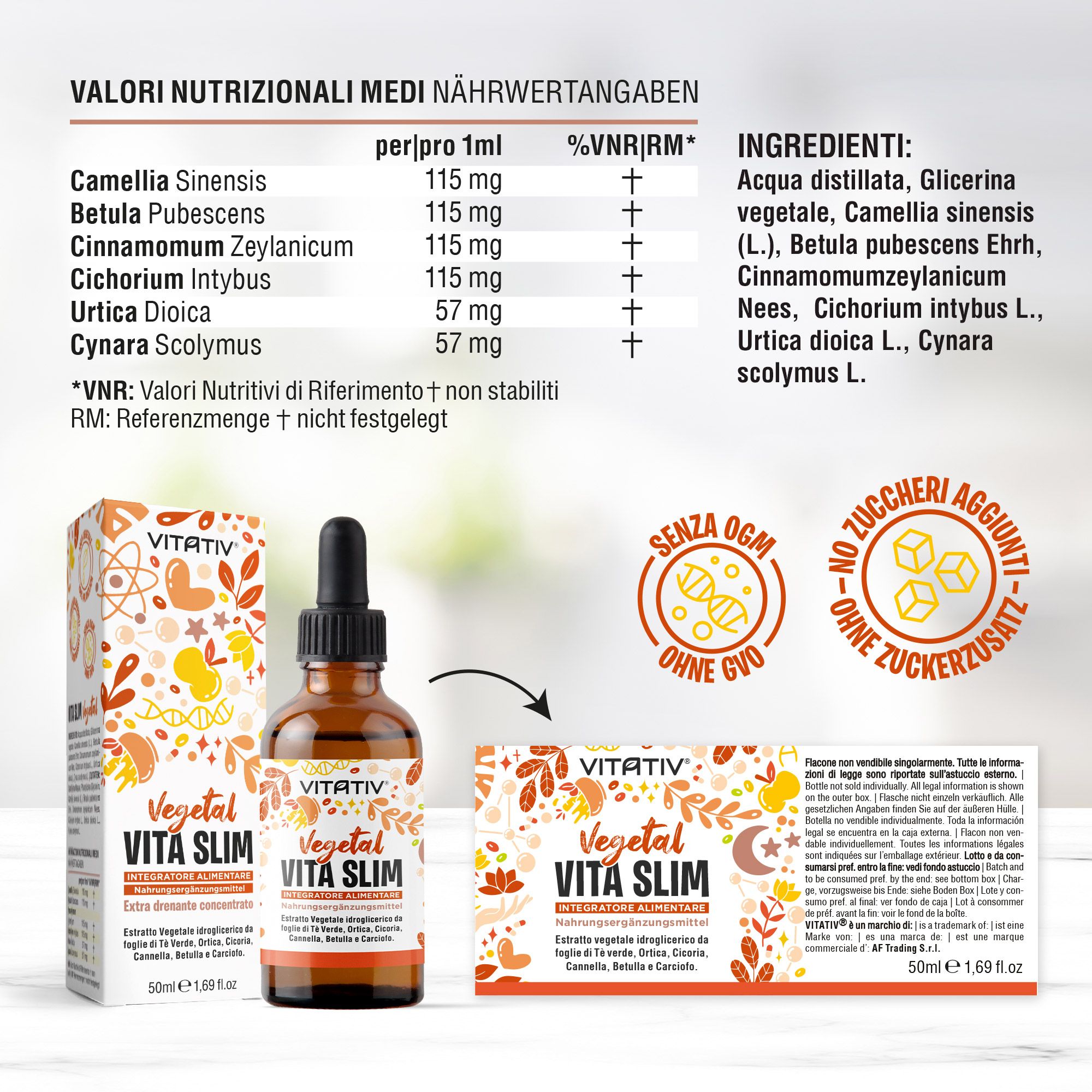 Vitativ® Vita Slim | Integratore Drenante con Tè Verde, Ortica, Cicoria, Cannella, Betulla, Carciofo