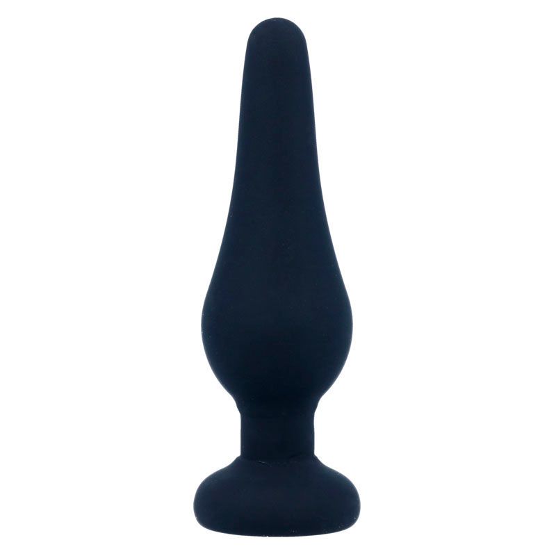 Anal plug grigio scuro con forma conica e base larga. Superficie liscia. Su sfondo bianco.