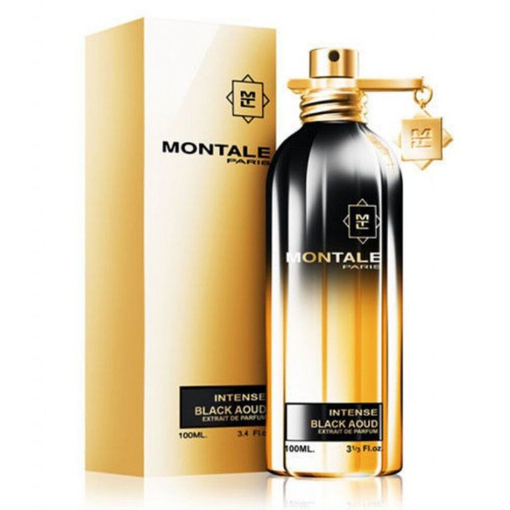 Flacone nero e oro, con scatola dorata. Scritta: Montale Paris, Intense Black Aoud. Flacone con tappo e pendente dorati.